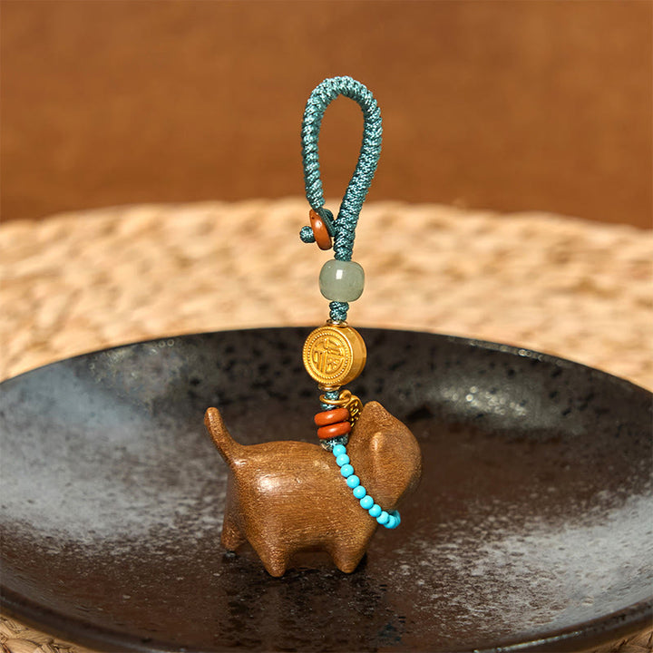 Buddha Stones Hetian Jade Natural Sandalwood Red Sandalwood Green Sandalwood Fu Character Abundance Key Chain - image 2