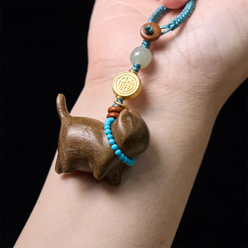 Buddha Stones Hetian Jade Natural Sandalwood Red Sandalwood Green Sandalwood Fu Character Abundance Key Chain - image 5