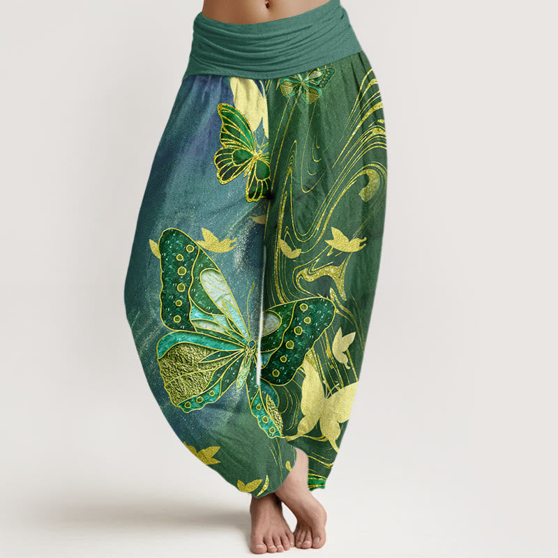 Buddha Stones Casual Butterfly Gold Line Pattern Women's Elastic Waist Harem Pants - CadetBlue - US22,UK/AU26,EU54 (6XL) - image 4