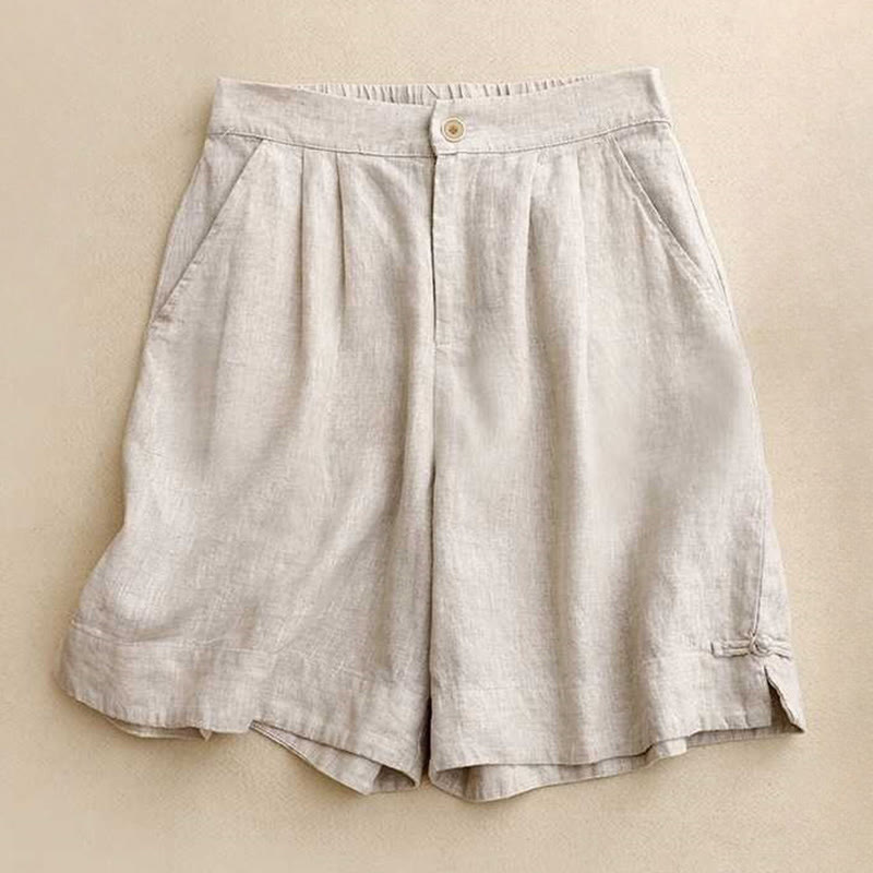 Buddha Stones Summer Casual Solid Color Zipper Button Acrylic Fiber Frog Button Women's Shorts With Pockets - Linen - US12,UK/AU16,EU44 (2XL) - image 12