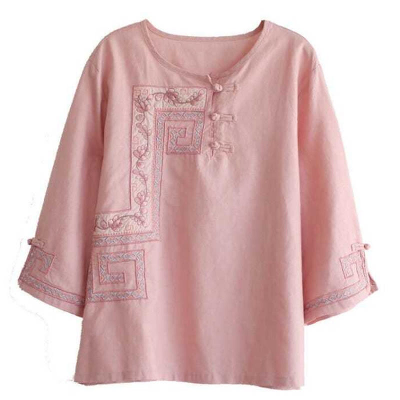 Buddha Stones Vine Embroidery Frog-button Cotton Linen Three Quarter Sleeve Women's Shirt - image 5