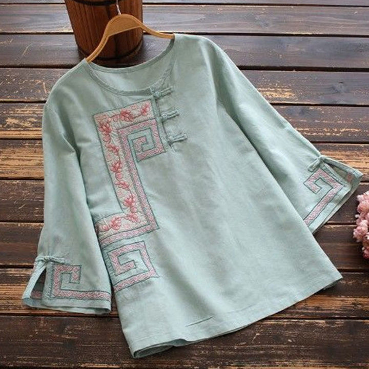 Buddha Stones Vine Embroidery Frog-button Cotton Linen Three Quarter Sleeve Women's Shirt - PowderBlue - US14,UK/AU18,EU46 (4XL) - image 2