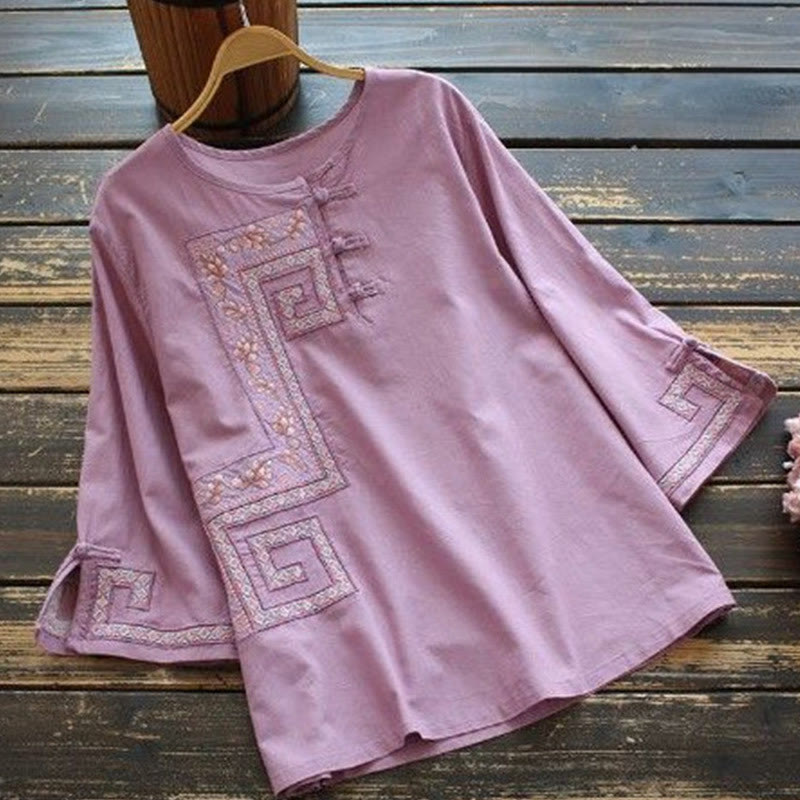 Buddha Stones Vine Embroidery Frog-button Cotton Linen Three Quarter Sleeve Women's Shirt - Plum - US14,UK/AU18,EU46 (4XL) - image 1