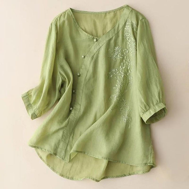 Buddha Stones Casual Loose Flower Embroidery Frog Button Short Sleeve Women's Shirt - YellowGreen - US14,UK/AU18,EU46 (4XL) - image 0