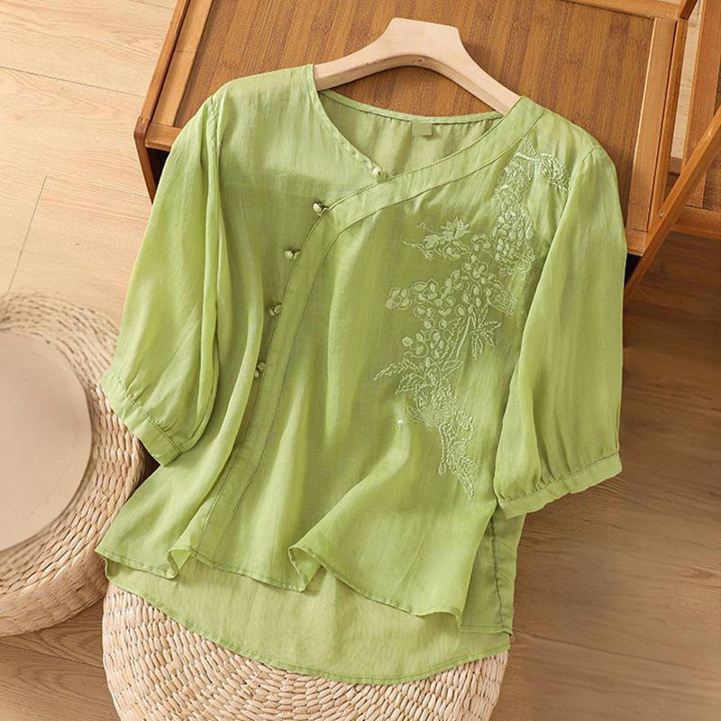 Buddha Stones Casual Loose Flower Embroidery Frog Button Short Sleeve Women's Shirt - image 1