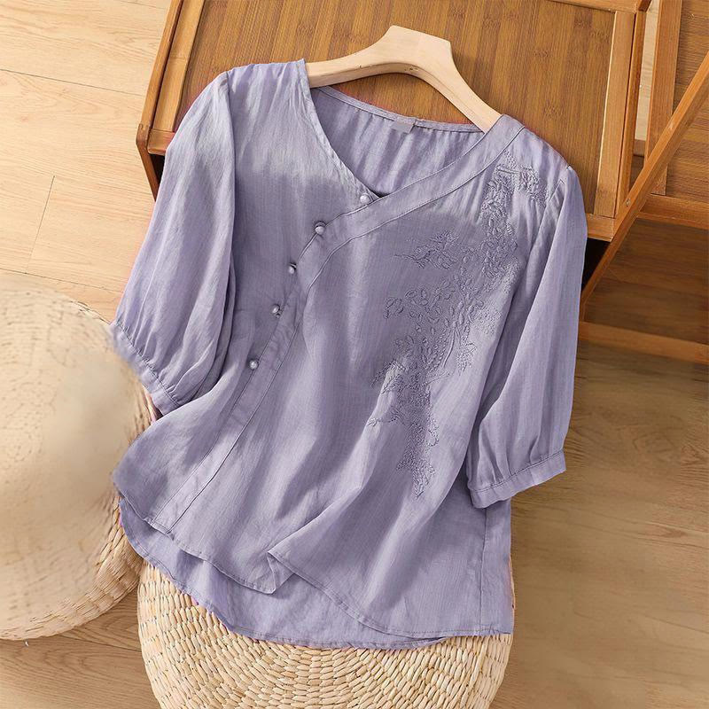 Buddha Stones Casual Loose Flower Embroidery Frog Button Short Sleeve Women's Shirt - image 3