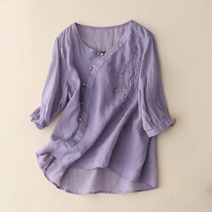 Buddha Stones Casual Loose Flower Embroidery Frog Button Short Sleeve Women's Shirt - MediumPurple - US14,UK/AU18,EU46 (4XL) - image 2