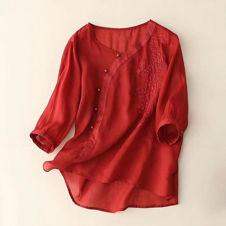 Buddha Stones Casual Loose Flower Embroidery Frog Button Short Sleeve Women's Shirt - FireBrick - US14,UK/AU18,EU46 (4XL) - image 4