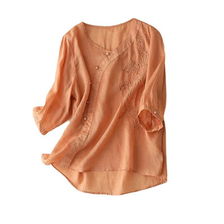 Buddha Stones Casual Loose Flower Embroidery Frog Button Short Sleeve Women's Shirt - image 9