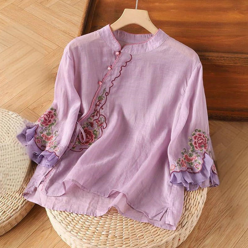 Buddha Stones Casual Loose Peony Embroidery Frog Button Three Quarter Sleeve Women's Shirt - Plum - US14,UK/AU18,EU46 (4XL) - image 3