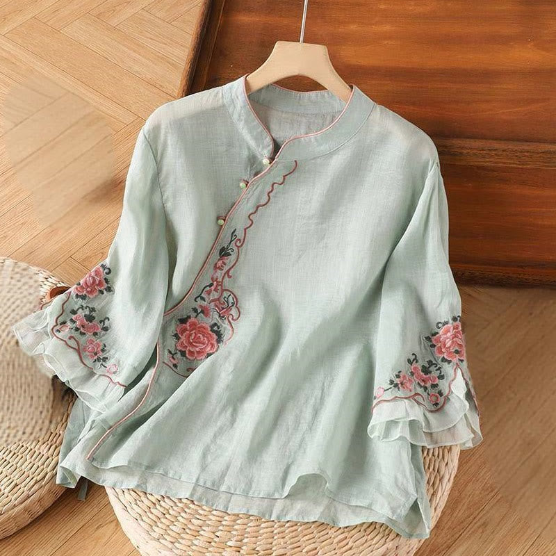 Buddha Stones Casual Loose Peony Embroidery Frog Button Three Quarter Sleeve Women's Shirt - PaleTurquoise - US14,UK/AU18,EU46 (4XL) - image 4