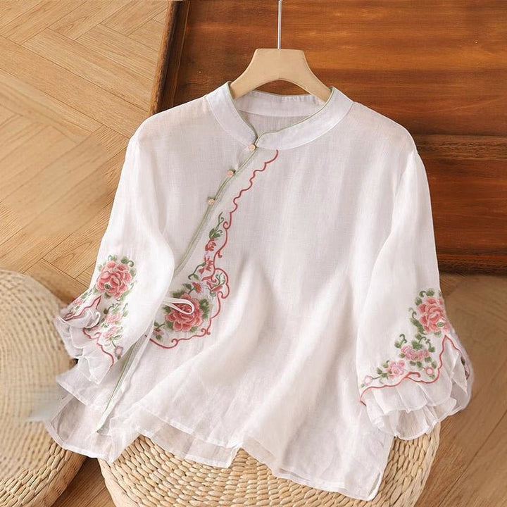 Buddha Stones Casual Loose Peony Embroidery Frog Button Three Quarter Sleeve Women's Shirt - Snow - US14,UK/AU18,EU46 (4XL) - image 2