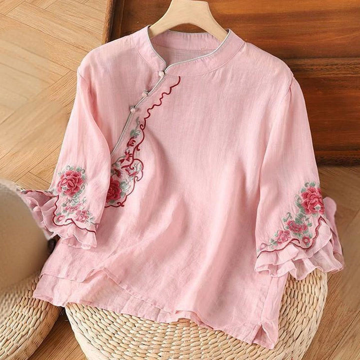 Buddha Stones Casual Loose Peony Embroidery Frog Button Three Quarter Sleeve Women's Shirt - Pink - US14,UK/AU18,EU46 (4XL) - image 1