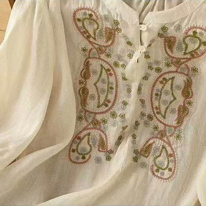 Buddha Stones Casual Loose Embroidery Frog Button Half Sleeve Crew Neck Cotton Women's Shirt - image 7