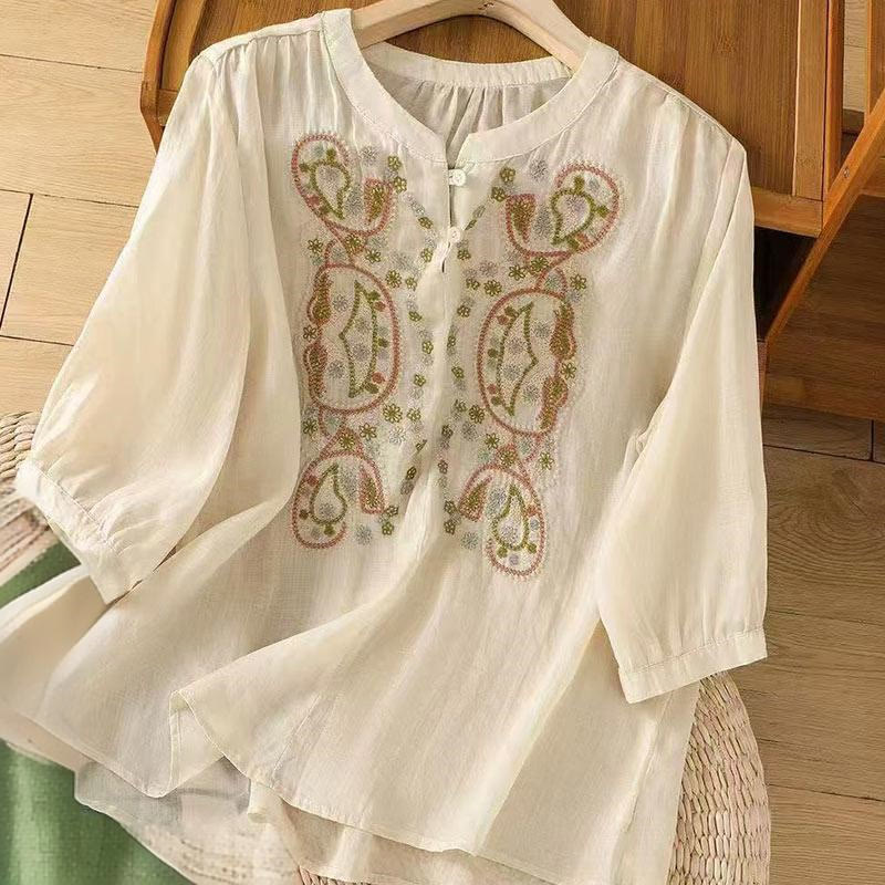 Buddha Stones Casual Loose Embroidery Frog Button Half Sleeve Crew Neck Cotton Women's Shirt - Beige - US12,UK/AU16,EU44 (3XL) - image 5