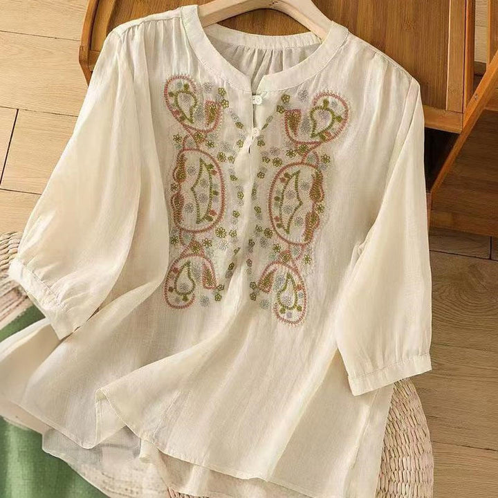 Buddha Stones Casual Loose Embroidery Frog Button Half Sleeve Crew Neck Cotton Women's Shirt - Beige - US12,UK/AU16,EU44 (3XL) - image 5