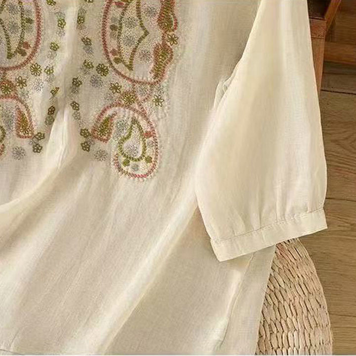 Buddha Stones Casual Loose Embroidery Frog Button Half Sleeve Crew Neck Cotton Women's Shirt - image 6