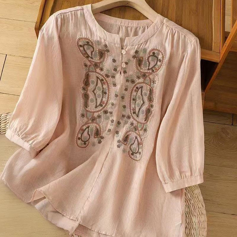 Buddha Stones Casual Loose Embroidery Frog Button Half Sleeve Crew Neck Cotton Women's Shirt - Pink - US12,UK/AU16,EU44 (3XL) - image 12