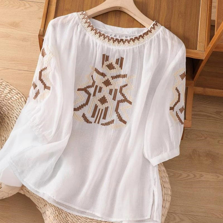 Buddha Stones Casual Symmetrical Embroidery Women's Crew Neck Design Half Sleeve Spandex T-shirt - White - US14,UK/AU18,EU46 (4XL) - image 0