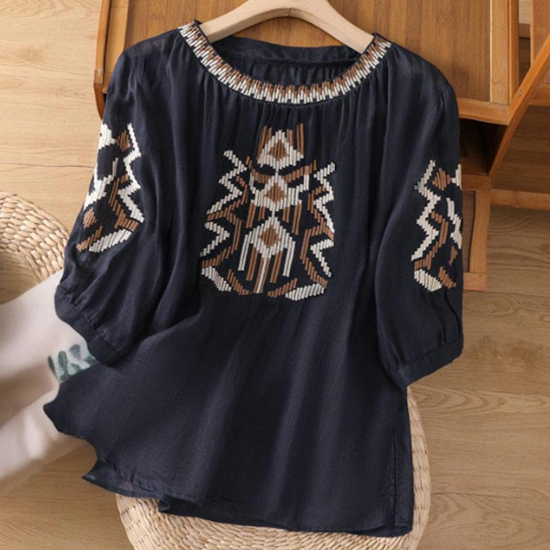Buddha Stones Casual Symmetrical Embroidery Women's Crew Neck Design Half Sleeve Spandex T-shirt - MidnightBlue - US14,UK/AU18,EU46 (4XL) - image 7