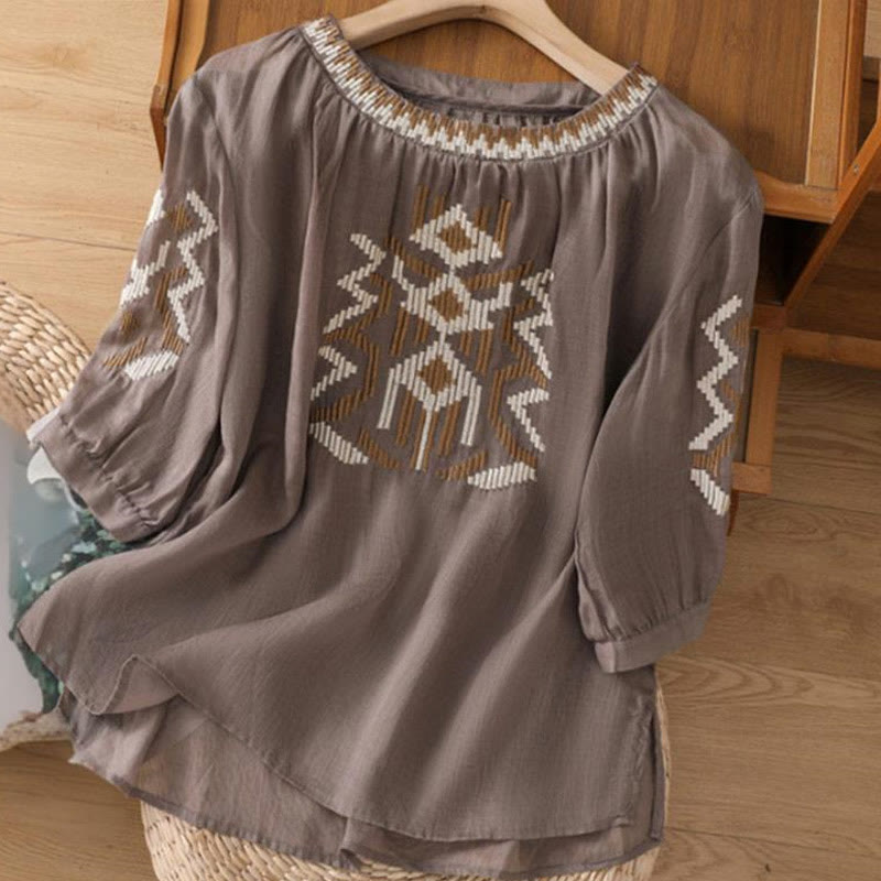 Buddha Stones Casual Symmetrical Embroidery Women's Crew Neck Design Half Sleeve Spandex T-shirt - Tan - US14,UK/AU18,EU46 (4XL) - image 14