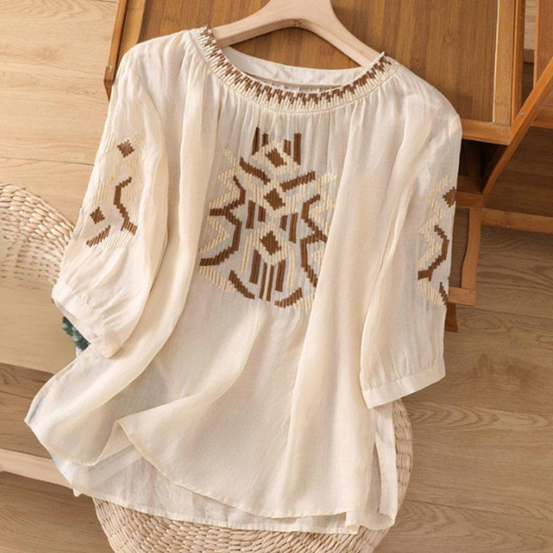 Buddha Stones Casual Symmetrical Embroidery Women's Crew Neck Design Half Sleeve Spandex T-shirt - Beige - US14,UK/AU18,EU46 (4XL) - image 33