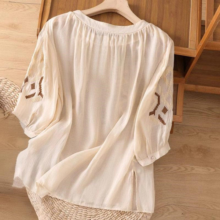 Buddha Stones Casual Symmetrical Embroidery Women's Crew Neck Design Half Sleeve Spandex T-shirt - image 34