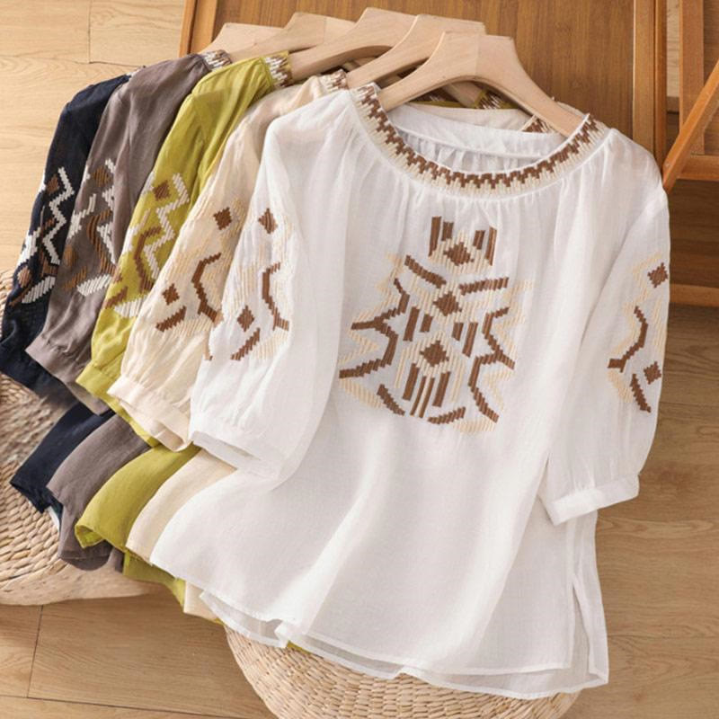 Buddha Stones Casual Symmetrical Embroidery Women's Crew Neck Design Half Sleeve Spandex T-shirt - image 41