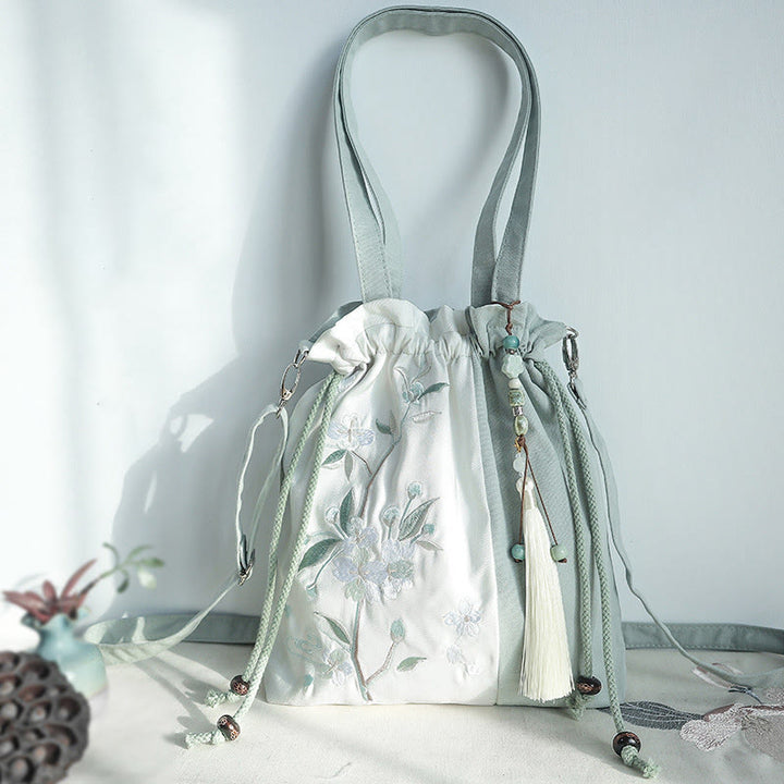 Buddha Stones Embroidered Green Pear Blue Epiphyllum Canvas Tote Crossbody Bag Shoulder Bag Handbag - Green White Pear 28*30cm - image 0