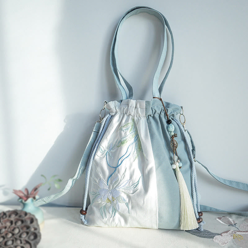 Buddha Stones Embroidered Green Pear Blue Epiphyllum Canvas Tote Crossbody Bag Shoulder Bag Handbag - Blue White Epiphyllum 28*30cm - image 2