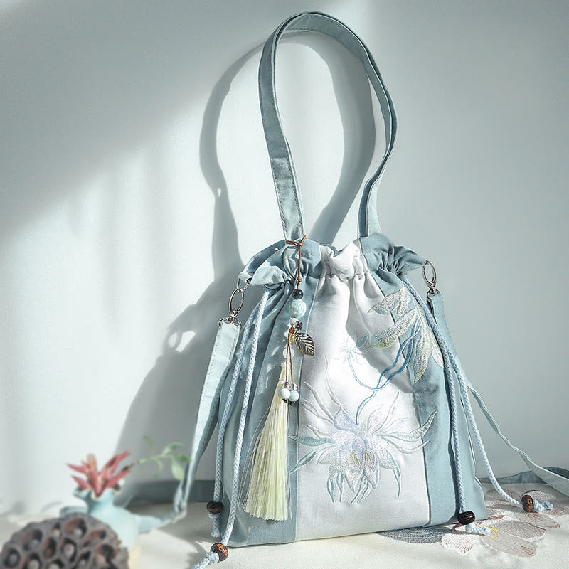 Buddha Stones Embroidered Green Pear Blue Epiphyllum Canvas Tote Crossbody Bag Shoulder Bag Handbag - Blue White Epiphyllum Patchwork 28*30cm - image 5