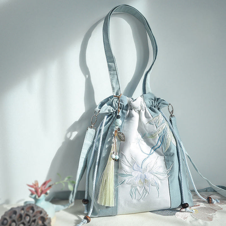 Buddha Stones Embroidered Green Pear Blue Epiphyllum Canvas Tote Crossbody Bag Shoulder Bag Handbag - Blue White Epiphyllum Patchwork 28*30cm - image 5