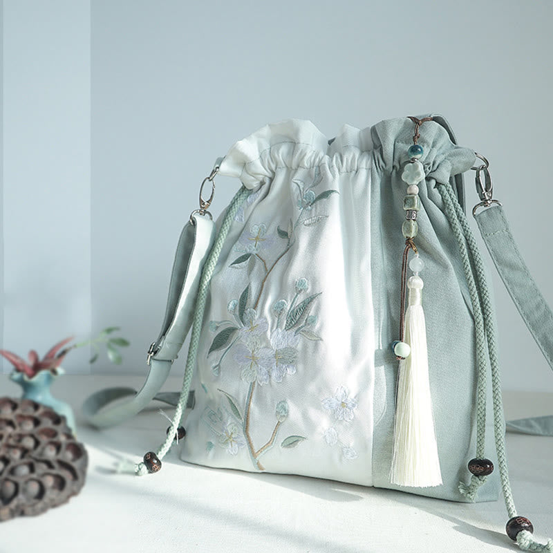 Buddha Stones Embroidered Green Pear Blue Epiphyllum Canvas Tote Crossbody Bag Shoulder Bag Handbag - image 1