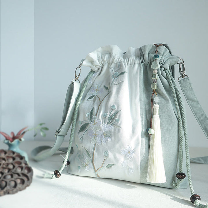 Buddha Stones Embroidered Green Pear Blue Epiphyllum Canvas Tote Crossbody Bag Shoulder Bag Handbag - image 1