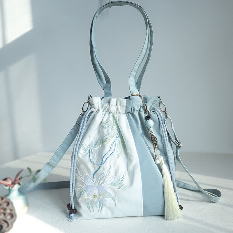 Buddha Stones Embroidered Green Pear Blue Epiphyllum Canvas Tote Crossbody Bag Shoulder Bag Handbag - image 3