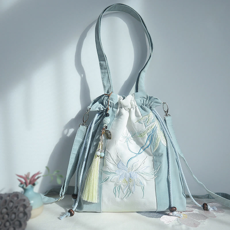 Buddha Stones Embroidered Green Pear Blue Epiphyllum Canvas Tote Crossbody Bag Shoulder Bag Handbag - image 7