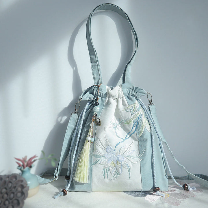 Buddha Stones Embroidered Green Pear Blue Epiphyllum Canvas Tote Crossbody Bag Shoulder Bag Handbag - image 7