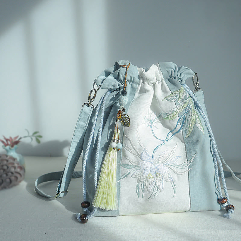 Buddha Stones Embroidered Green Pear Blue Epiphyllum Canvas Tote Crossbody Bag Shoulder Bag Handbag - image 6