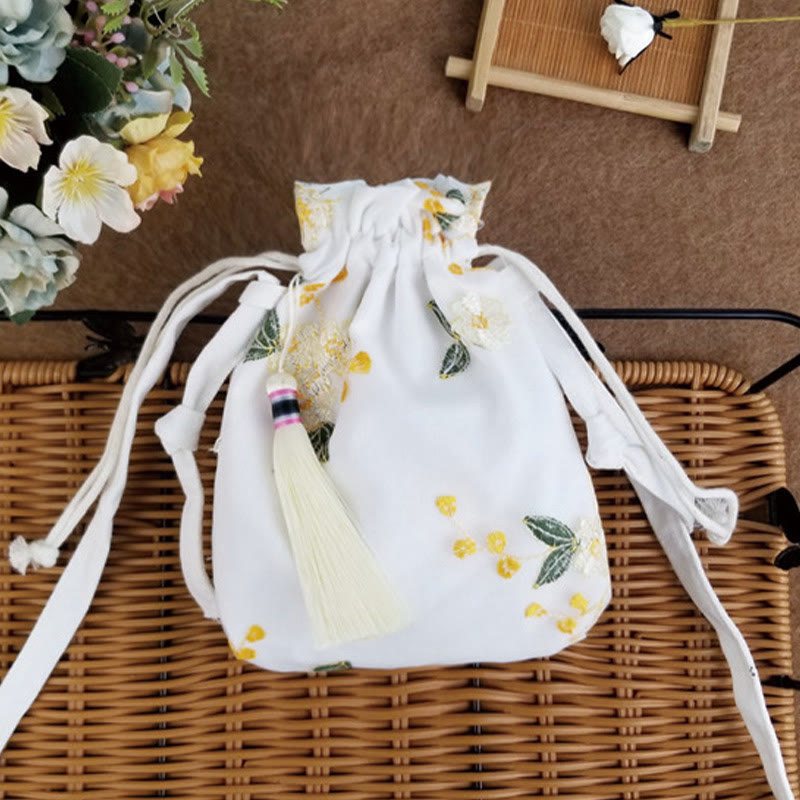 Buddha Stones Embroidered Flowers Cherry Blossoms Vine Canvas Crossbody Bag Shoulder Bag - Yellow White Flowers 15*22cm - image 13