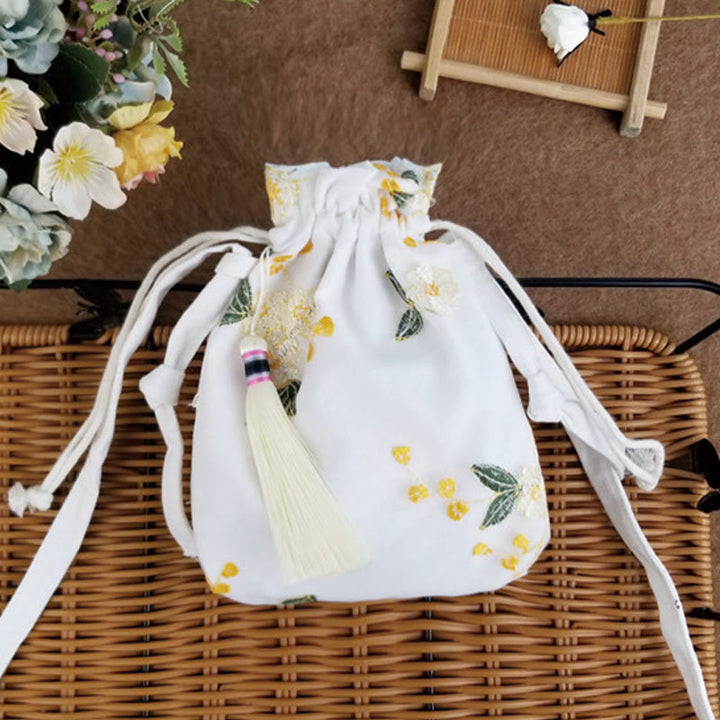 Buddha Stones Embroidered Flowers Cherry Blossoms Vine Canvas Crossbody Bag Shoulder Bag - Yellow White Flowers 15*22cm - image 13