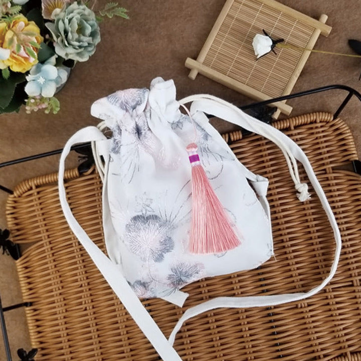 Buddha Stones Embroidered Flowers Cherry Blossoms Vine Canvas Crossbody Bag Shoulder Bag - Gray Pink Flowers 15*22cm - image 14