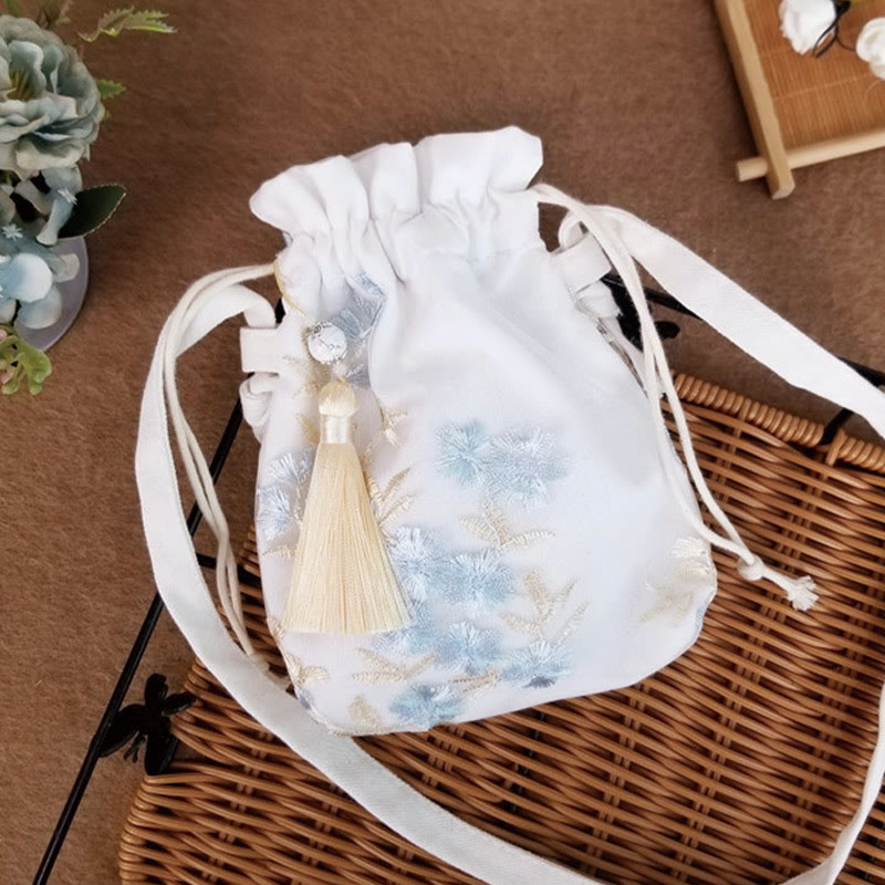 Buddha Stones Embroidered Flowers Cherry Blossoms Vine Canvas Crossbody Bag Shoulder Bag - Light Blue Flowers 15*22cm - image 19