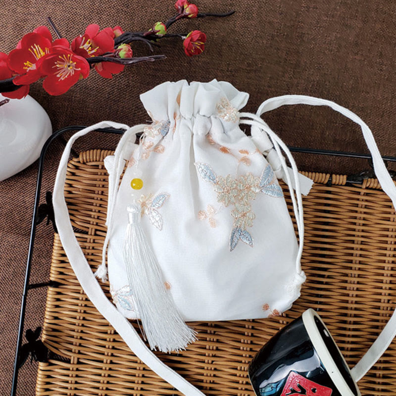Buddha Stones Embroidered Flowers Cherry Blossoms Vine Canvas Crossbody Bag Shoulder Bag - Beige Flowers 15*22cm - image 25