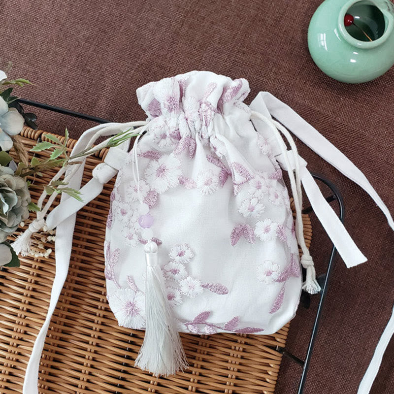 Buddha Stones Embroidered Flowers Cherry Blossoms Vine Canvas Crossbody Bag Shoulder Bag - Light Purple Flowers 15*22cm - image 27