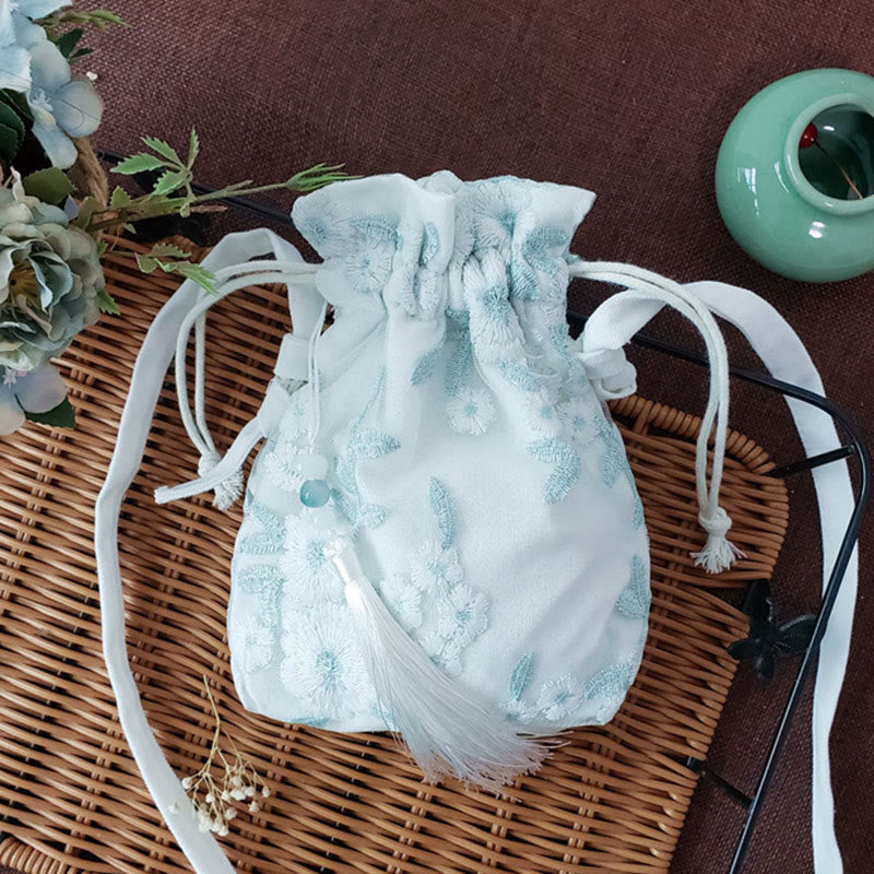 Buddha Stones Embroidered Flowers Cherry Blossoms Vine Canvas Crossbody Bag Shoulder Bag - Light Green Flowers 15*22cm - image 26