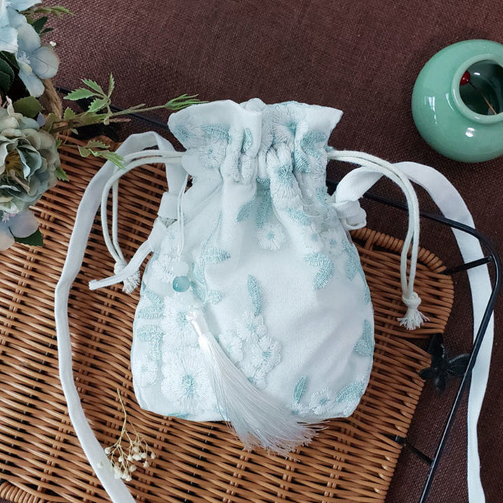 Buddha Stones Embroidered Flowers Cherry Blossoms Vine Canvas Crossbody Bag Shoulder Bag - Light Green Flowers 15*22cm - image 26