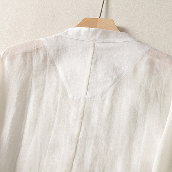 Buddha Stones Plain Frog-Button Long Sleeve Cotton Linen Women's Midi Dress - image 9