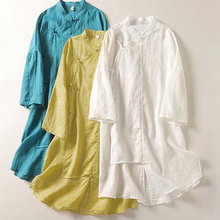 Buddha Stones Plain Frog-Button Long Sleeve Cotton Linen Women's Midi Dress - image 24