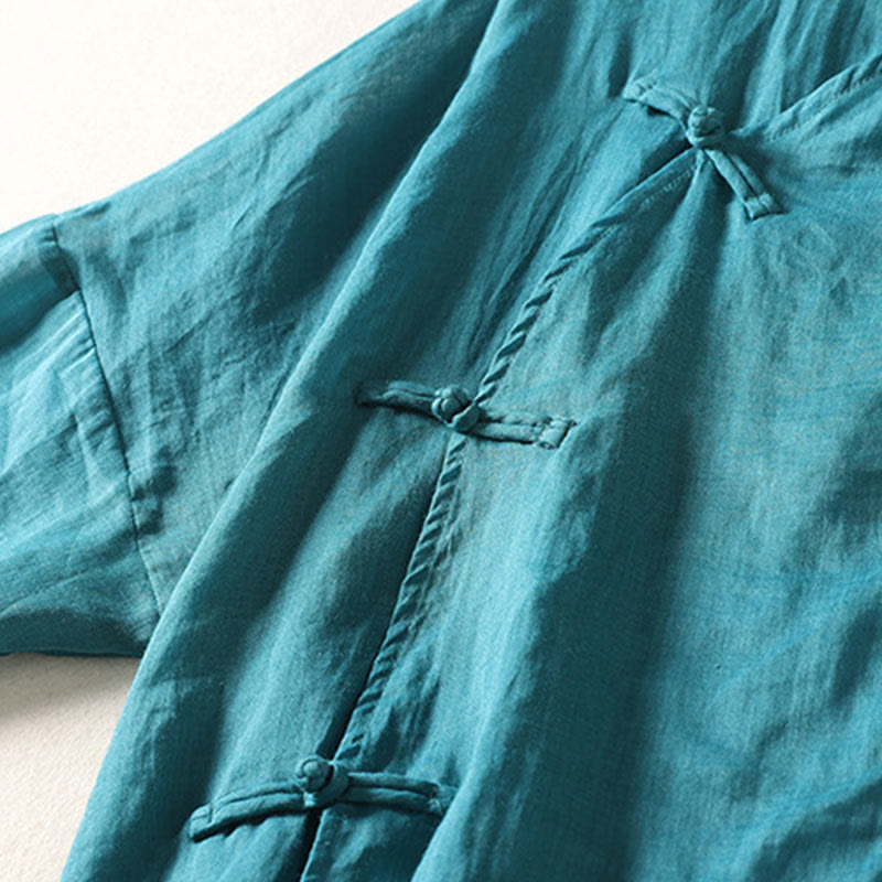 Buddha Stones Plain Frog-Button Long Sleeve Cotton Linen Women's Midi Dress - image 19