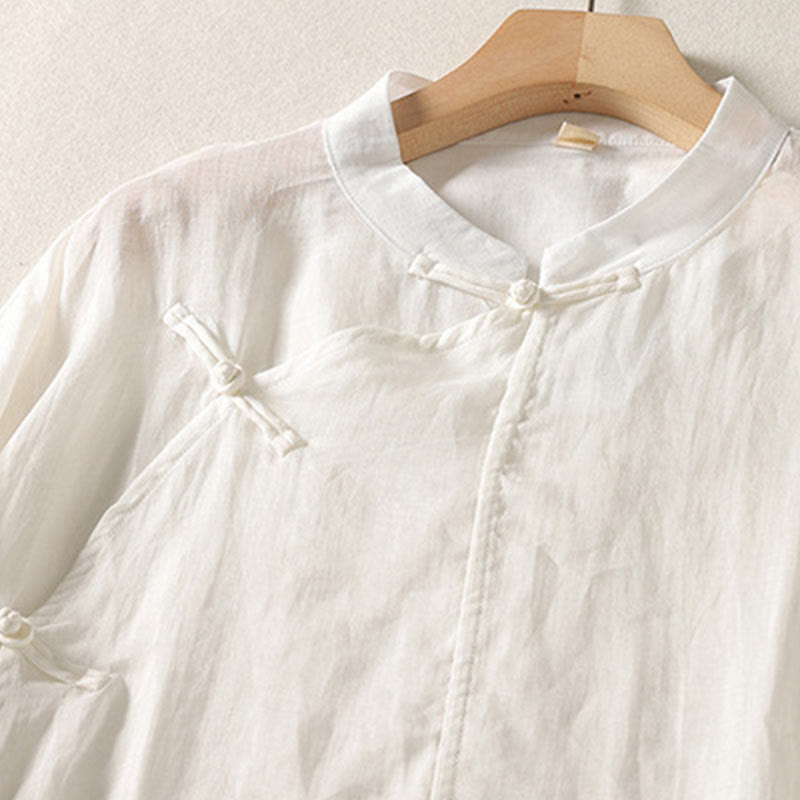 Buddha Stones Plain Frog-Button Long Sleeve Cotton Linen Women's Midi Dress - image 10